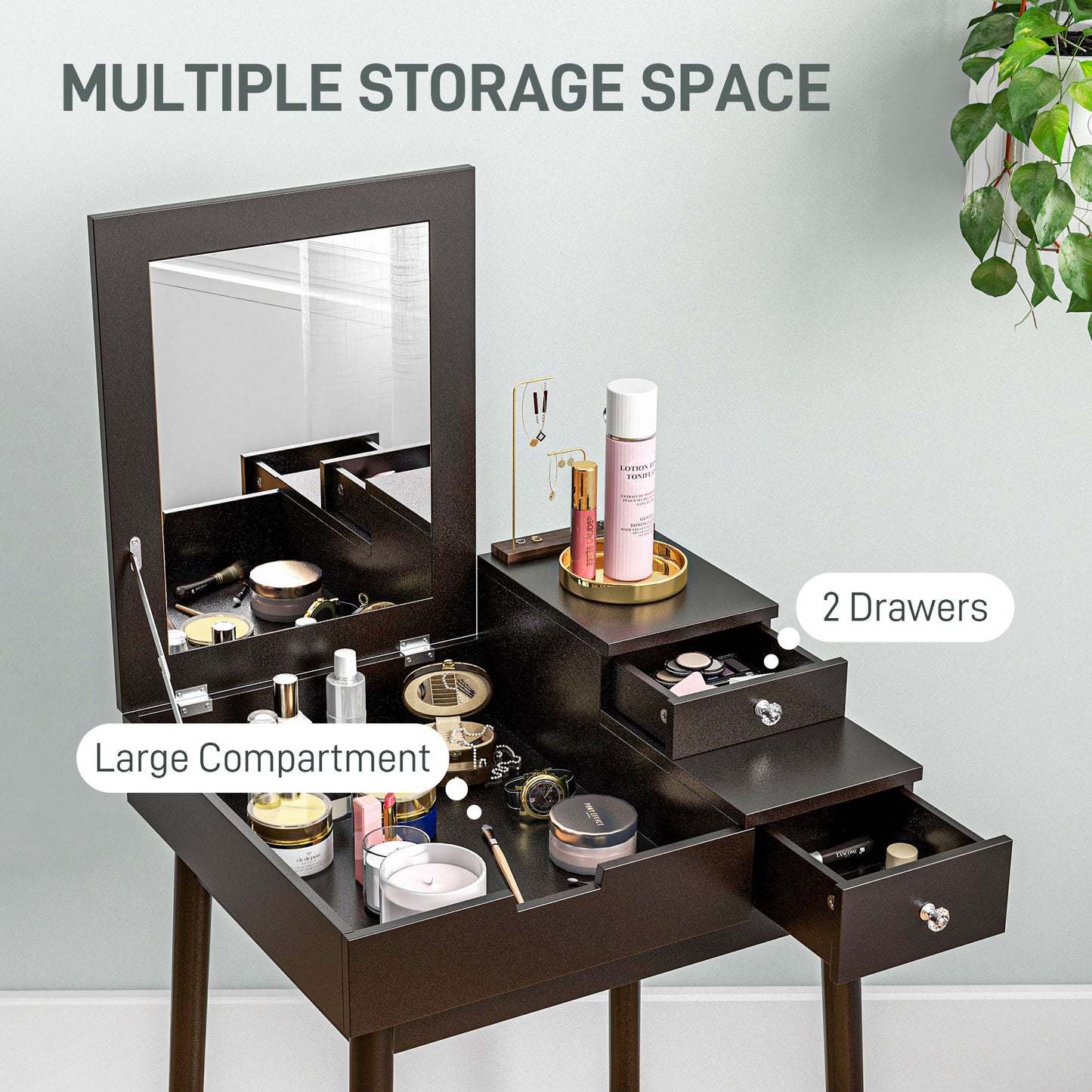 Dressing Table with Flip-up Mirror, Makeup Desk with 2 Drawers and Pine Wood Legs
