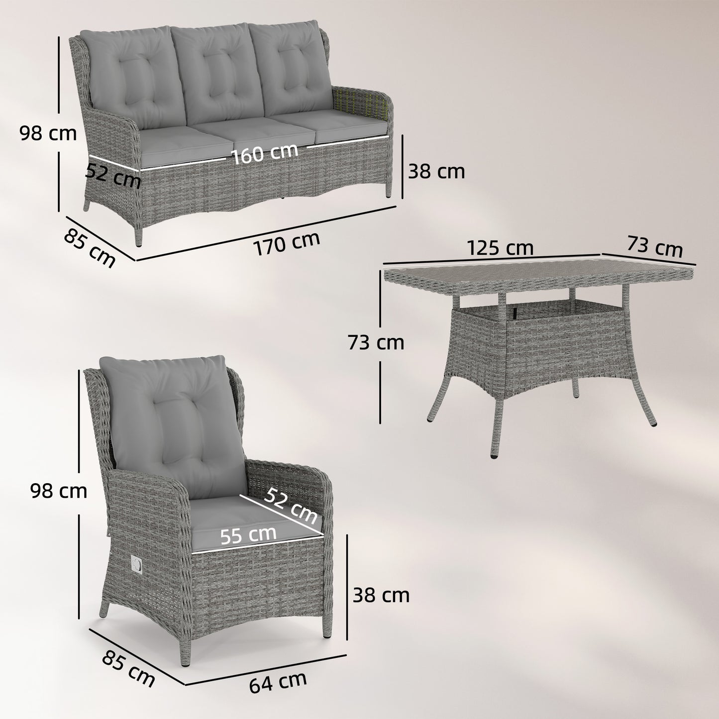 5 Seater Rattan Garden Furniture Set with Sofa, Reclining Chairs, Table, Patio Rattan Furniture Sofa Sets, Grey
