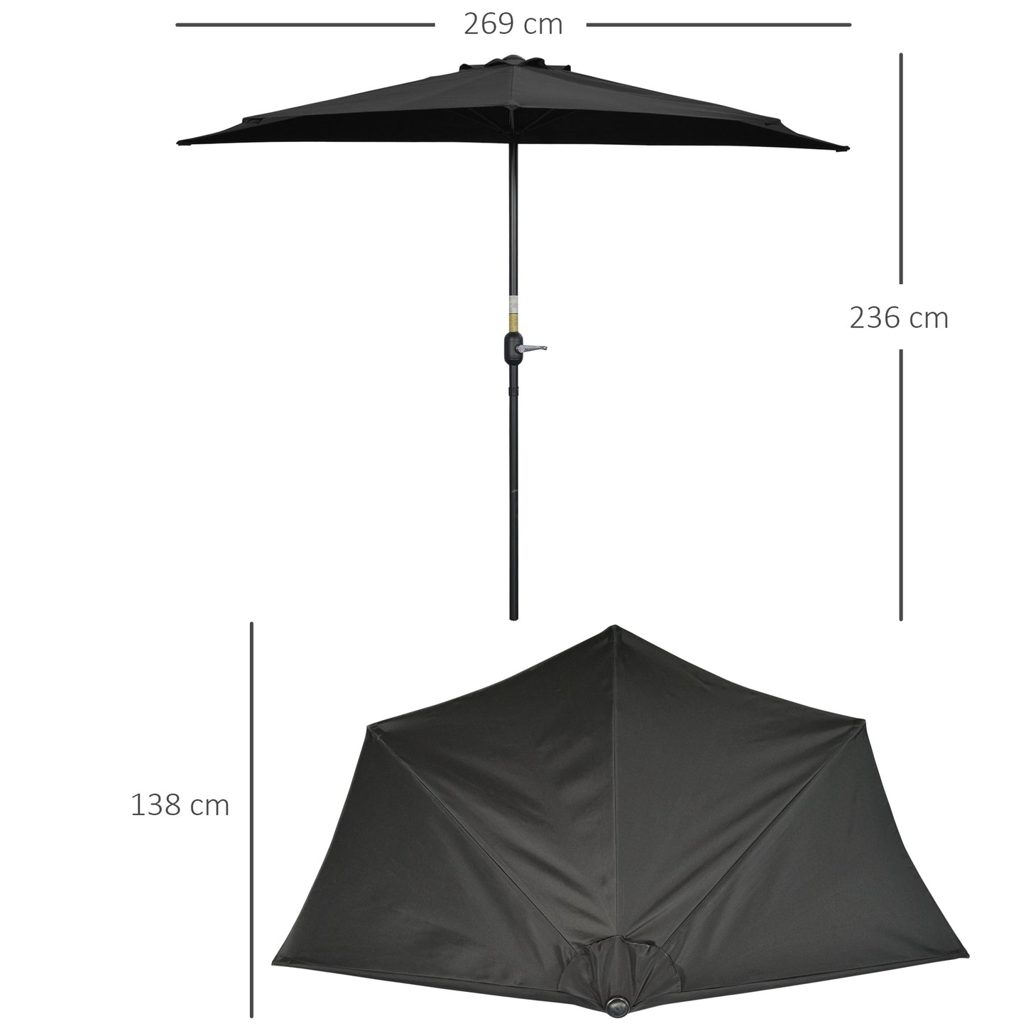 2.7m Garden Half Parasol, Outdoor Balcony Umbrella with 5 Steel Ribs, Patio Sun Shade, Black