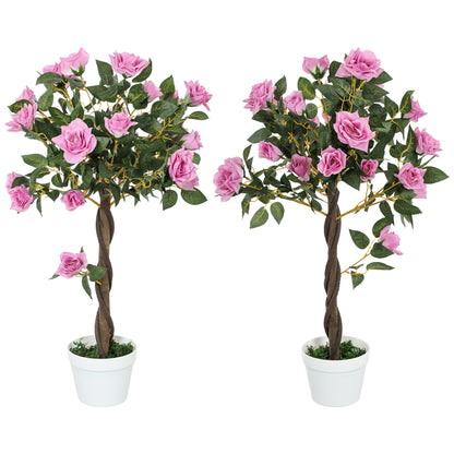 Set of 2 Artificial Plants White Rose Floral in Pot, Fake Plants for Home Indoor Decor, 90cm, Purple