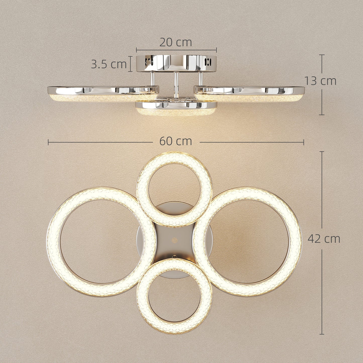 4-Ring LED Ceiling Light, Flush Mount Ceiling Light with 3 Colour Temperatures, Silver Tone