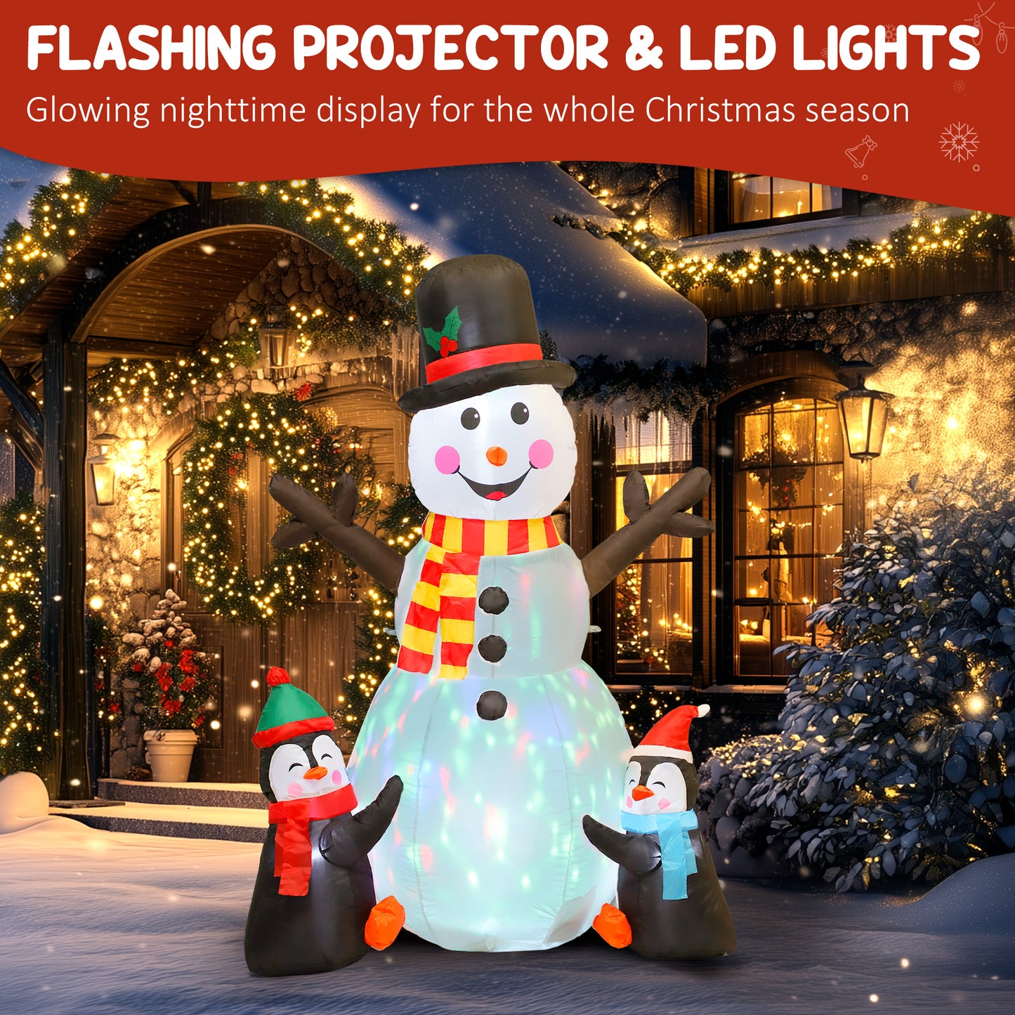 6FT Christmas Inflatables Snowman & Penguins with Built-in LED Lights and Flashing Projector Light