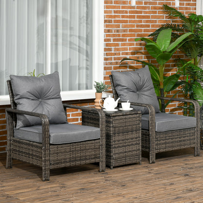 3 Pieces Rattan Bistro Set, Wicker Garden Furniture Set with Storage Coffee Table and Chairs, Thickened Cushions for Outdoor