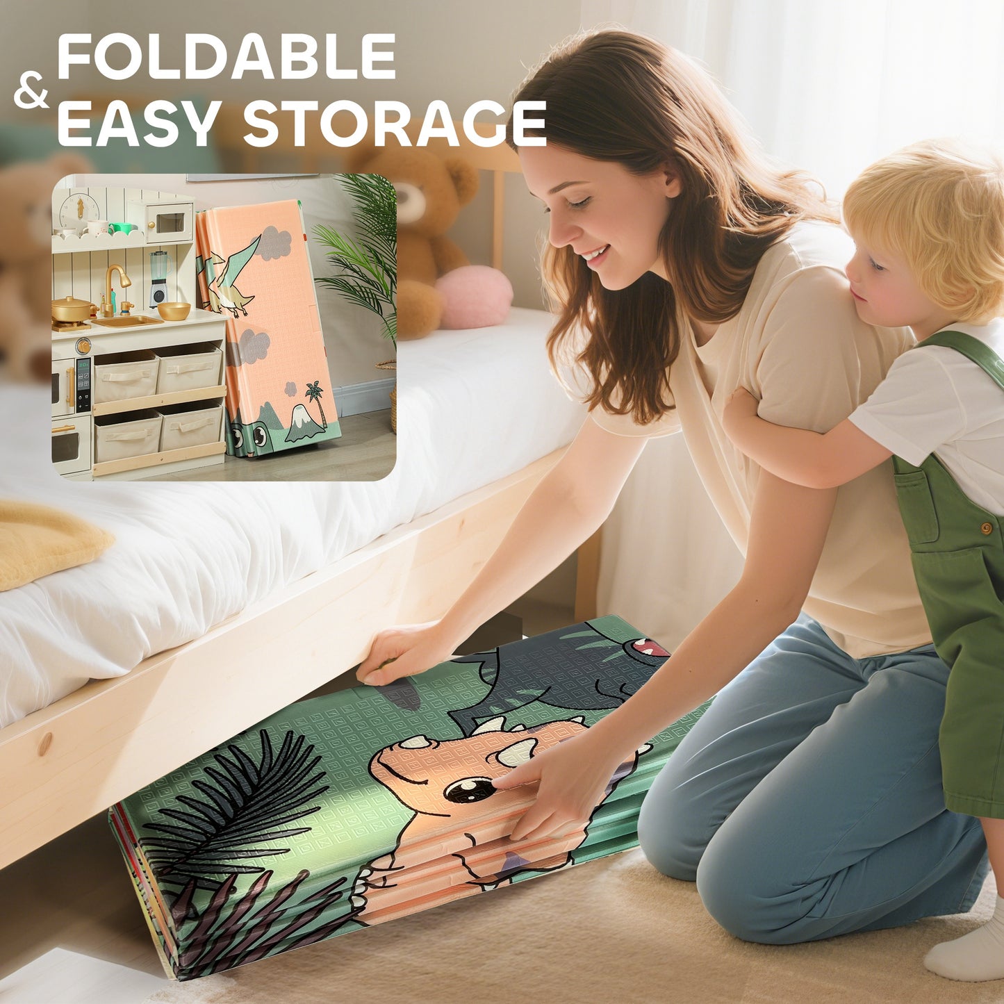 Baby Play Mat, Double Sideded Foldable Kids Crawling Mat, Reversible & Waterproof, Dinosaur