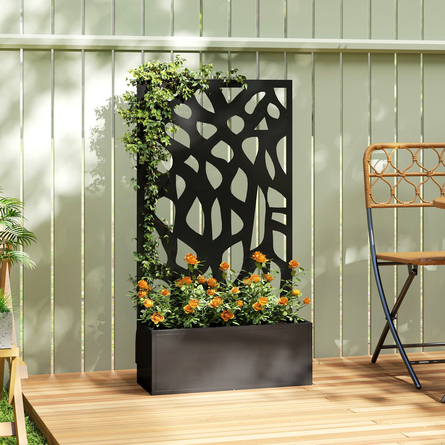 Metal Raised Garden Bed with Trellis, Outdoor Planter Box with Privacy Screen, Elevated Garden Box for Climbing Plants