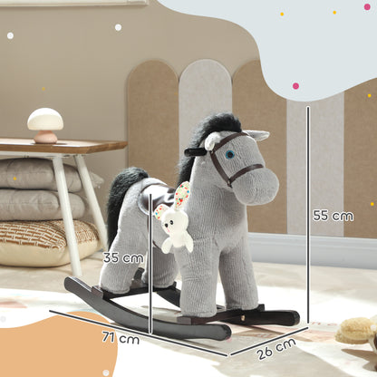 Baby Rocking Horse, Plush Ride on Toy with Handle Grip, Sound and Doll, Toddler Animal Rocker for Kids Aged 2-5, Grey