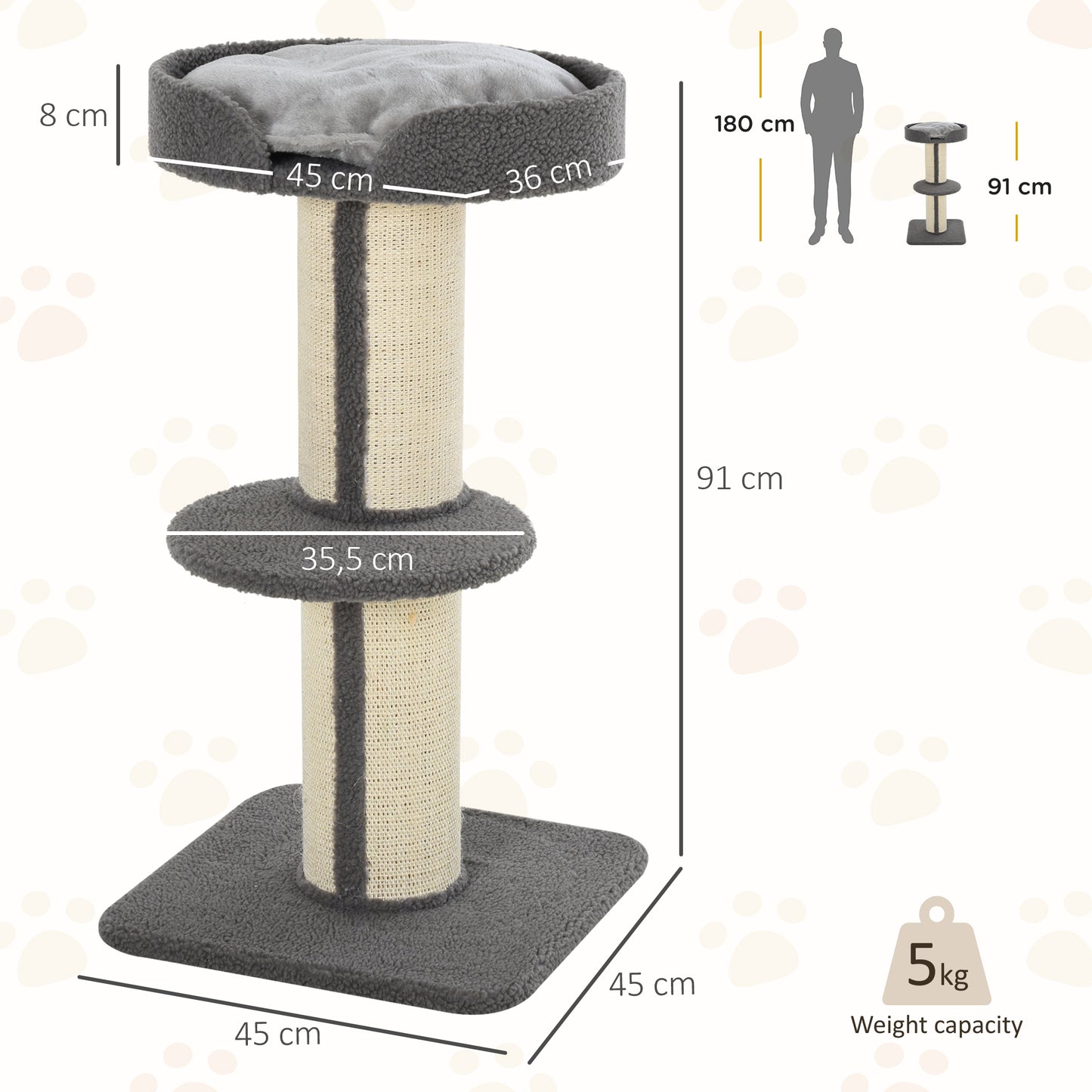 91cm Cat Tree, Cat Tower with Scratching Post, Bed, Perch, Removable Cushion for Indoor Kittens, Grey