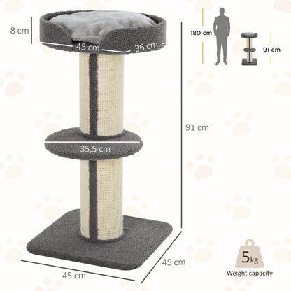91cm Cat Tree, Cat Tower with Scratching Post, Bed, Perch, Removable Cushion for Indoor Kittens, Grey