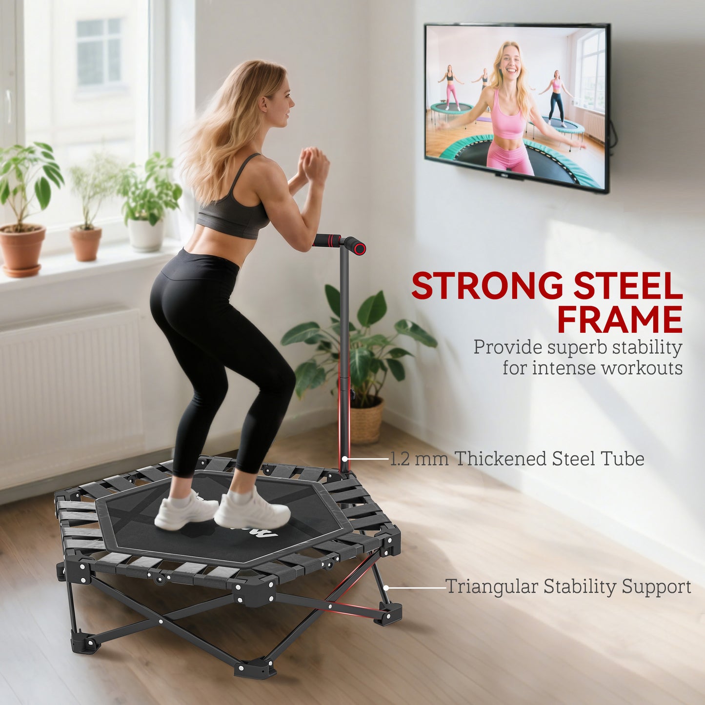 42" Foldable Mini Trampoline, One-Step Fold & Open, Rebounder Trampoline with 3-Level Adjustable Handle for Adults