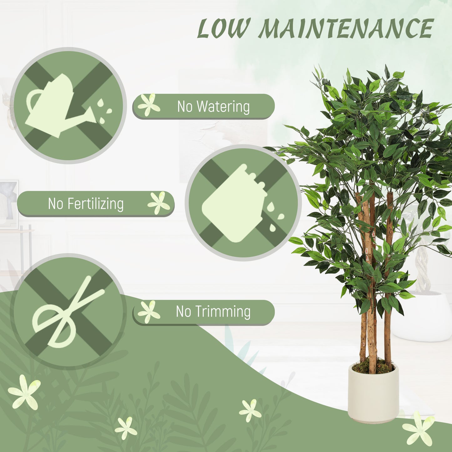 120cm Artificial Ficus Tree, Fake Potted Tree with Solid Wood Trunk and Pot for Indoor, Green