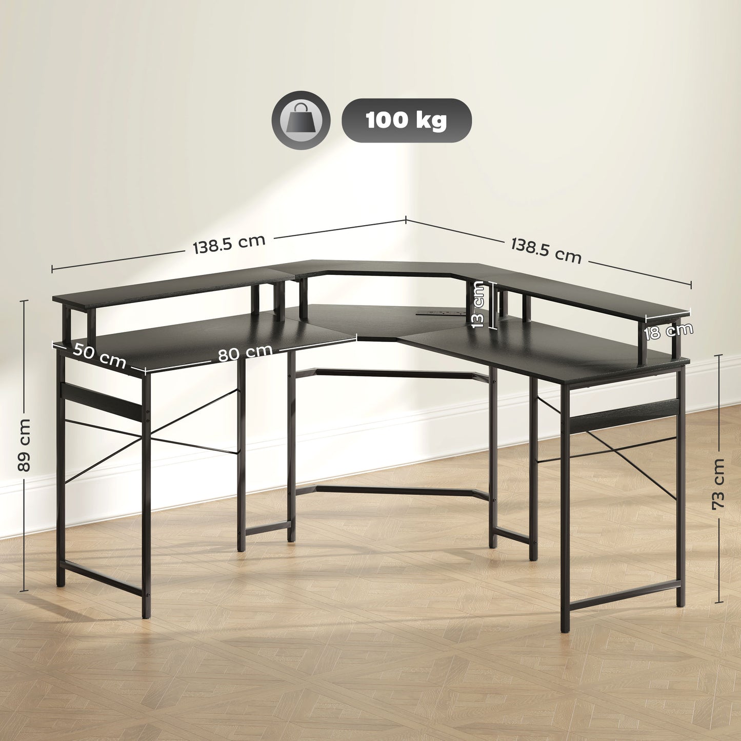 'L' Shaped Work Desk, with LED Lights - Black