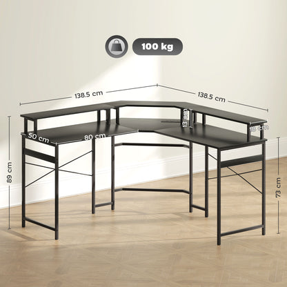 'L' Shaped Work Desk, with LED Lights - Black