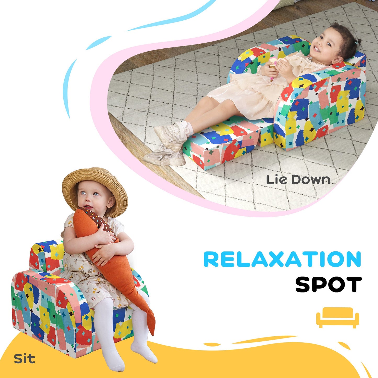 Foldable Toddler Chair Soft Snuggle Sponge Filled for Bedroom Playroom, Aged 18 Months to 3 Years - Multicoloured