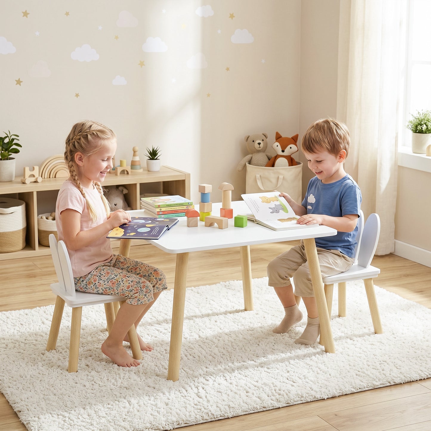 3 Pcs Toddler Table and Chair Set, Kids Desk and 2 Chairs Set w/ Bunny Ear Backrest, for Nursery, Playroom