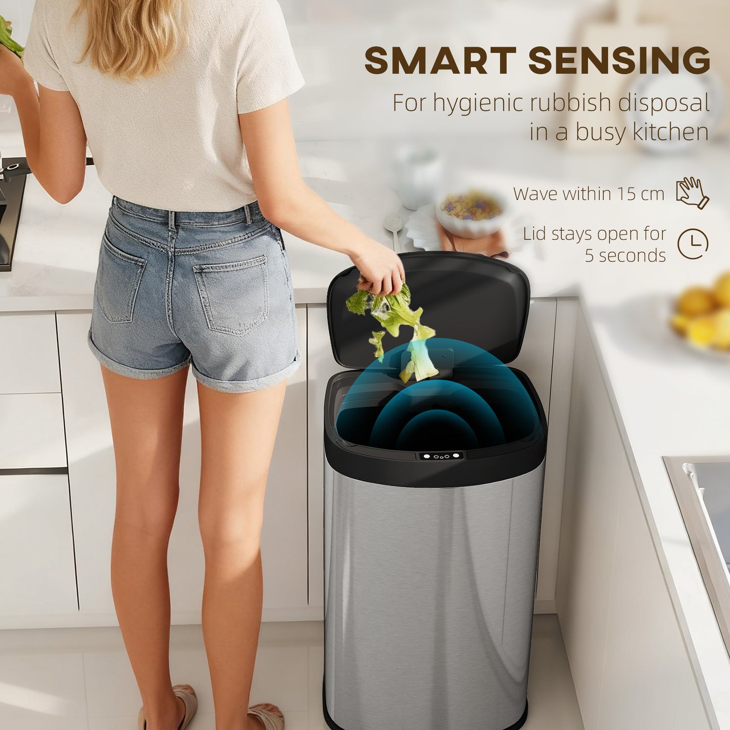55L Sensor Bin with Soft-Close Lid, Automatic Touchless Motion Sensor Kitchen Bin with Fingerprint Resistant Stainless Steel