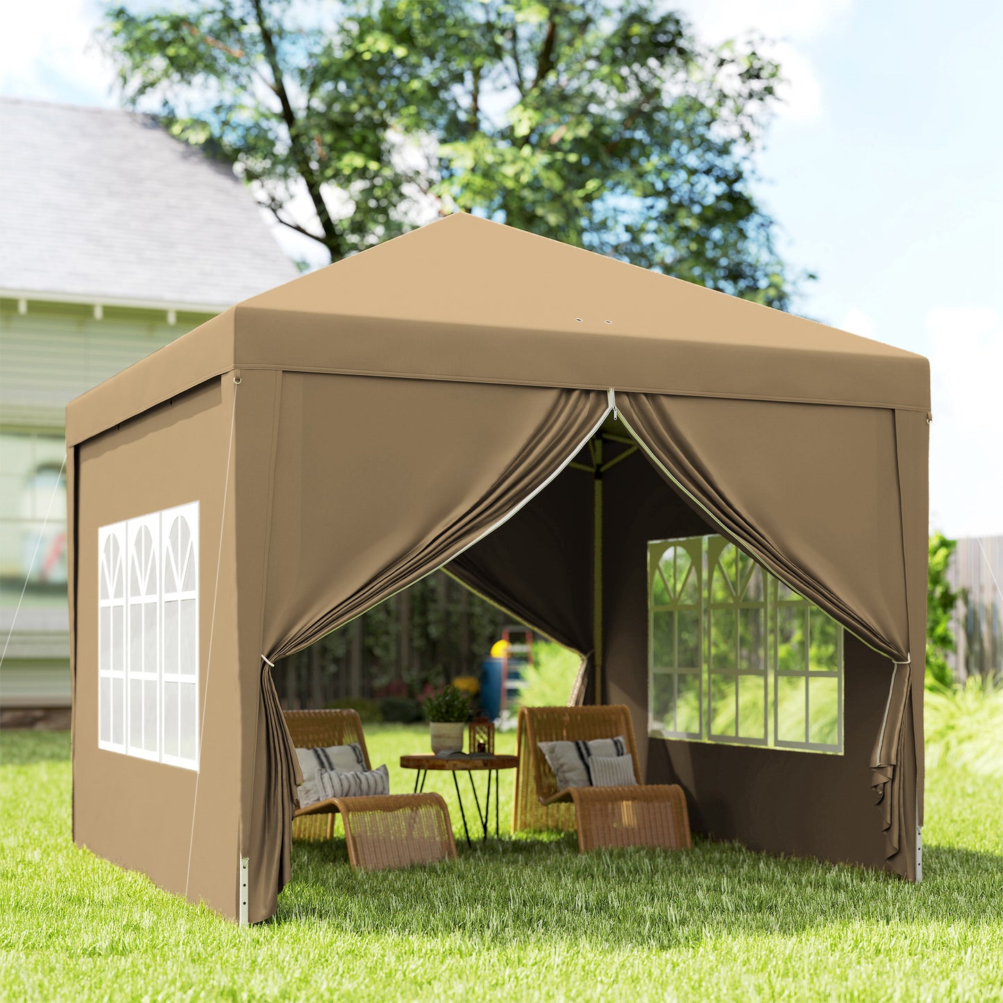 3x3(m) Pop-Up Gazebo, with Curtain Walls and Windows, Khaki