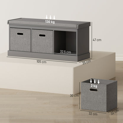 Three-Drawer Shoe Storage Bench, with Padded Top Seat - Grey