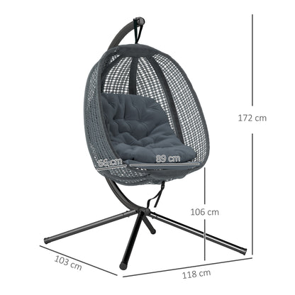 Outdoor Swing Chair with Thick Padded Cushion, Patio Hanging Chair with Metal Stand, Egg Chair with Foldable Basket