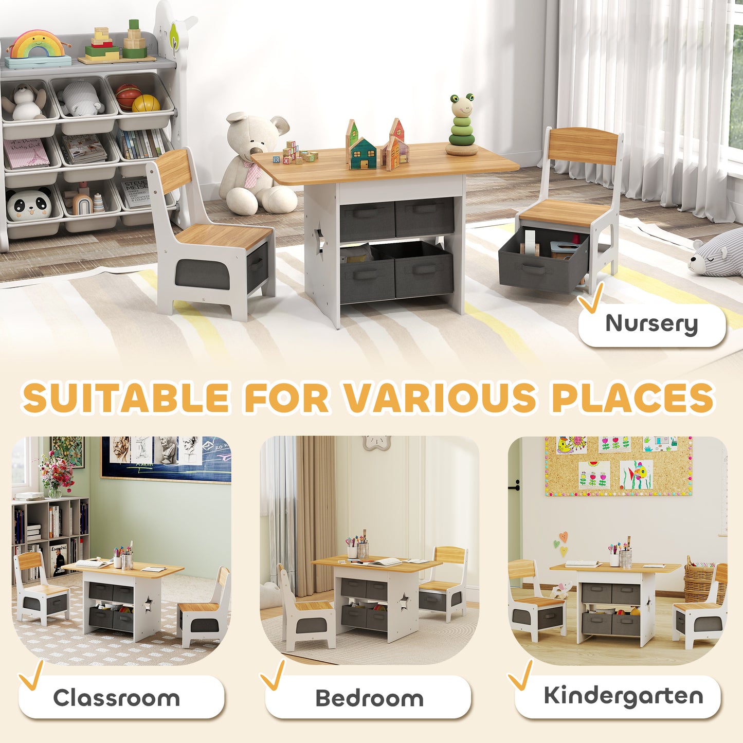 Kids Table and Chair Set, Toddler Table and 2 Chairs Set with 6 Removable Drawers, for Boys Girls Ages 3-8, Natural