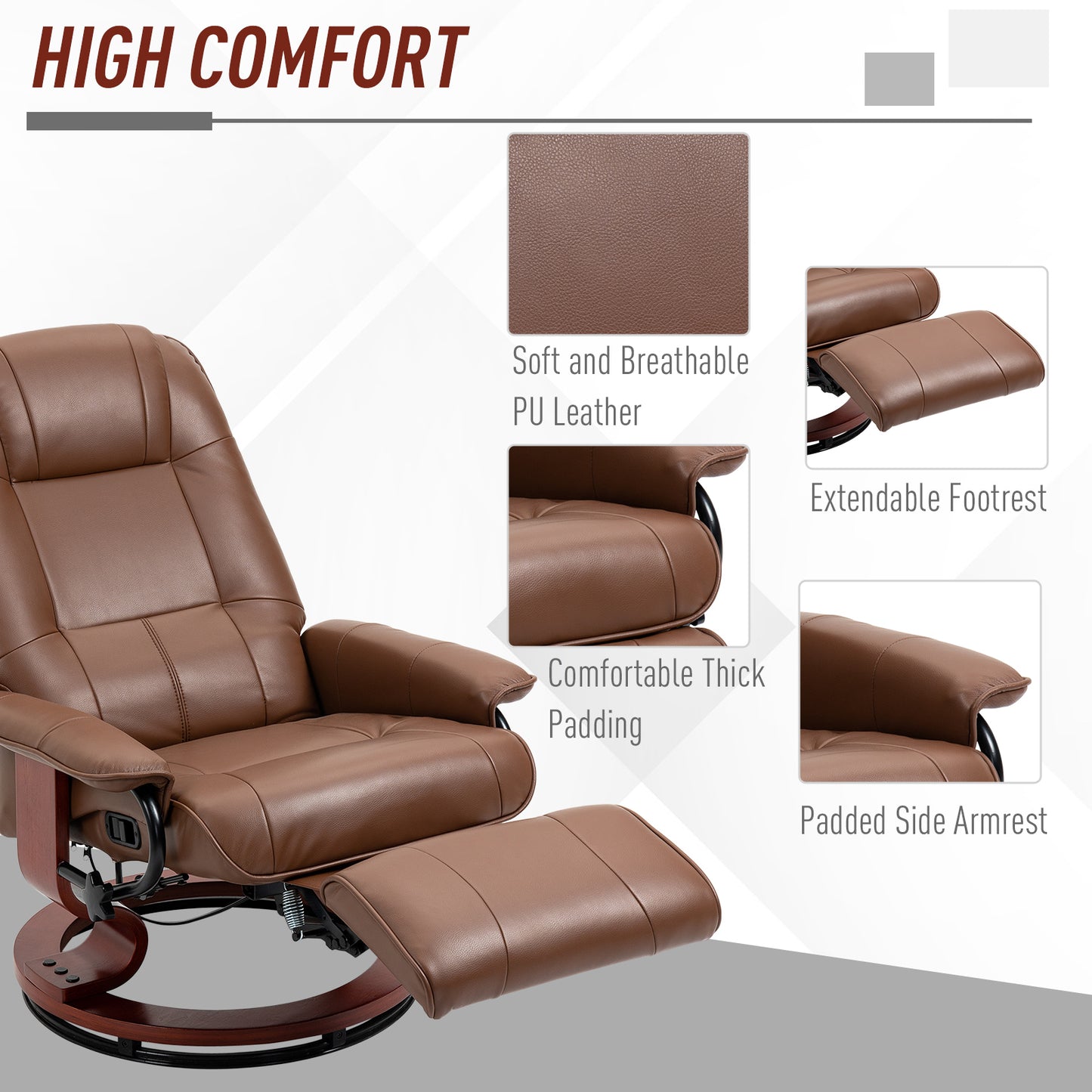 Faux Leather Armchair, with 145° Reclining Back and Footrest - Brown
