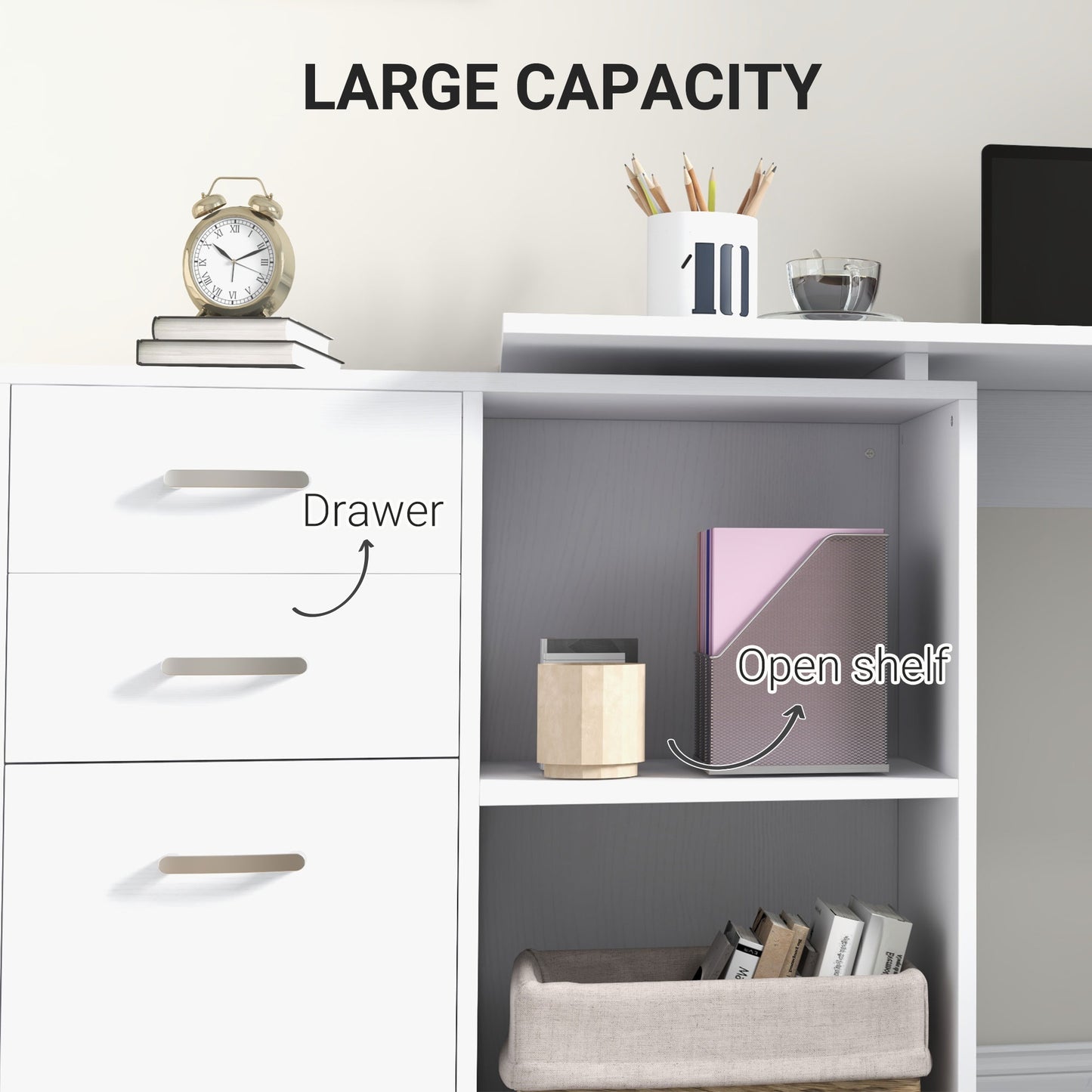 L Shaped Computer Desk, Reversible Home Office Desk with Drawers, File Cabinet and Storage Shelves, Study Table