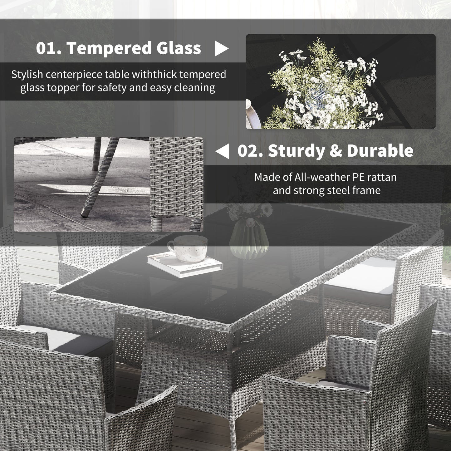 7-Piece Rattan Garden Furniture Set with Cushions, 6 Seater Garden Table and Chairs, Rattan Dining Set with 6 Armchairs