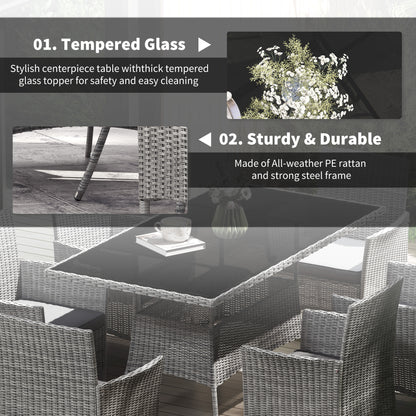 7-Piece Rattan Garden Furniture Set with Cushions, 6 Seater Garden Table and Chairs, Rattan Dining Set with 6 Armchairs