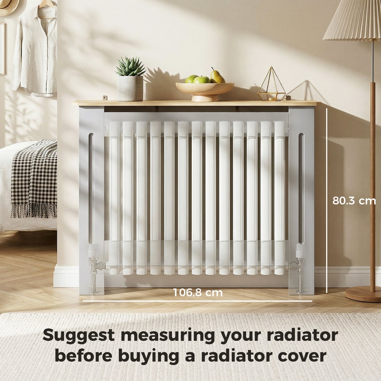 Slatted Radiator Cover, Painted Cabinet with Line Grill Design, 112L × 19W × 81H cm, Grey