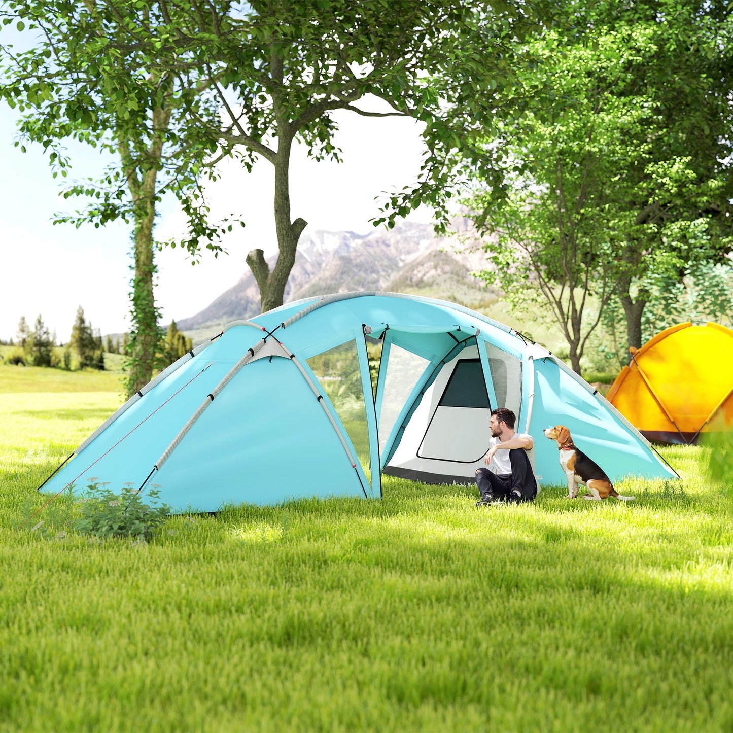 4-6 Man Family Camping Tent w/ 2 Bedrooms and a Living Room, Waterproof Tunnel Tent w/ Sewn In Groundsheet, Doors, Windows
