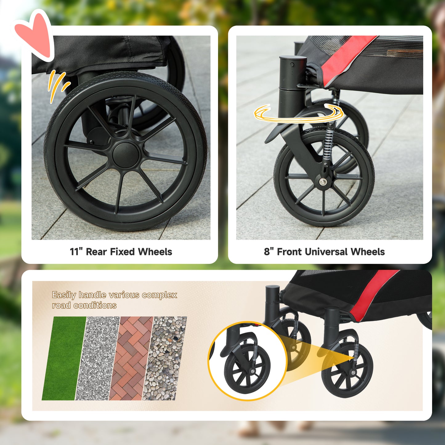 Foldable Pet Stroller for Large Dogs with Four Big Wheels, Shock-Absorbing Frame, Safety Leashes, Brakes, Red/Black