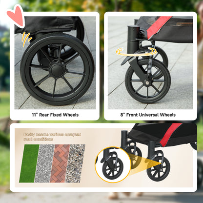 Foldable Pet Stroller for Large Dogs with Four Big Wheels, Shock-Absorbing Frame, Safety Leashes, Brakes, Red/Black