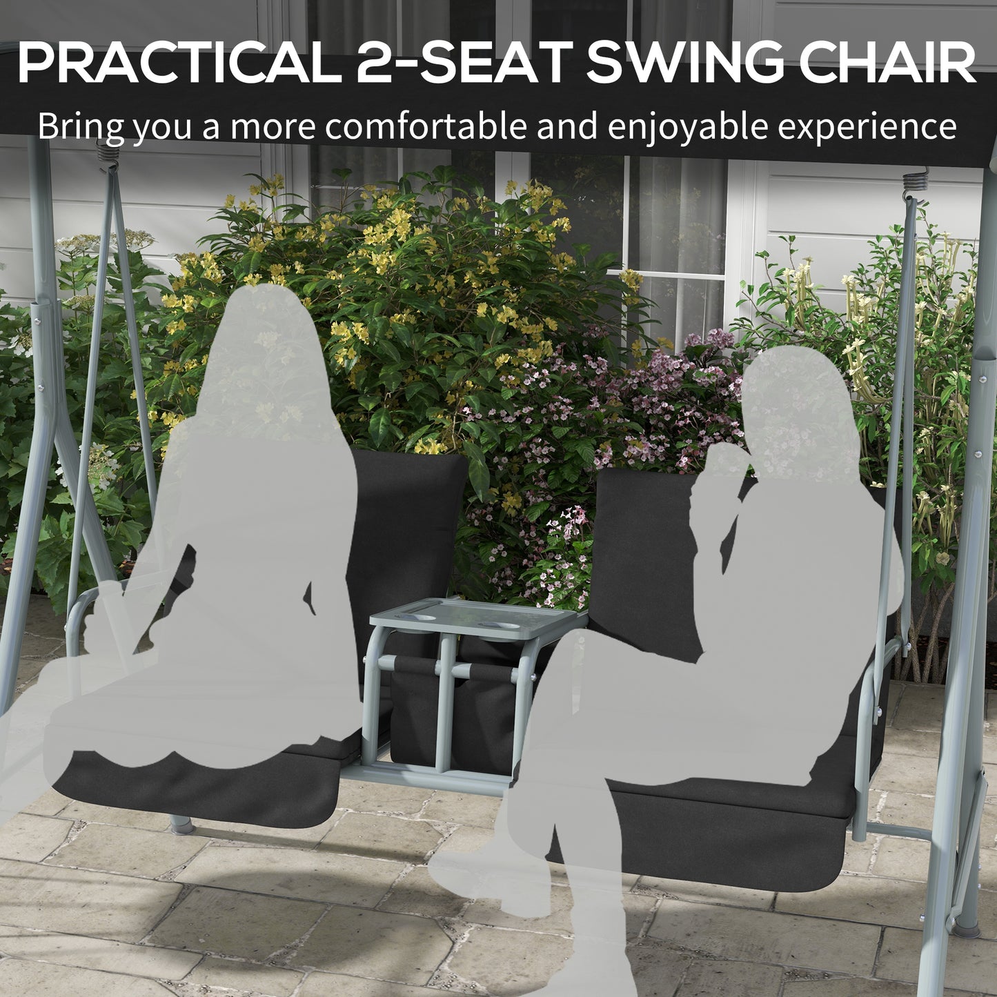 2 Seater Garden Swing Chair, Patio Swing Seat w/ Tilting Canopy, Double Padded Seats