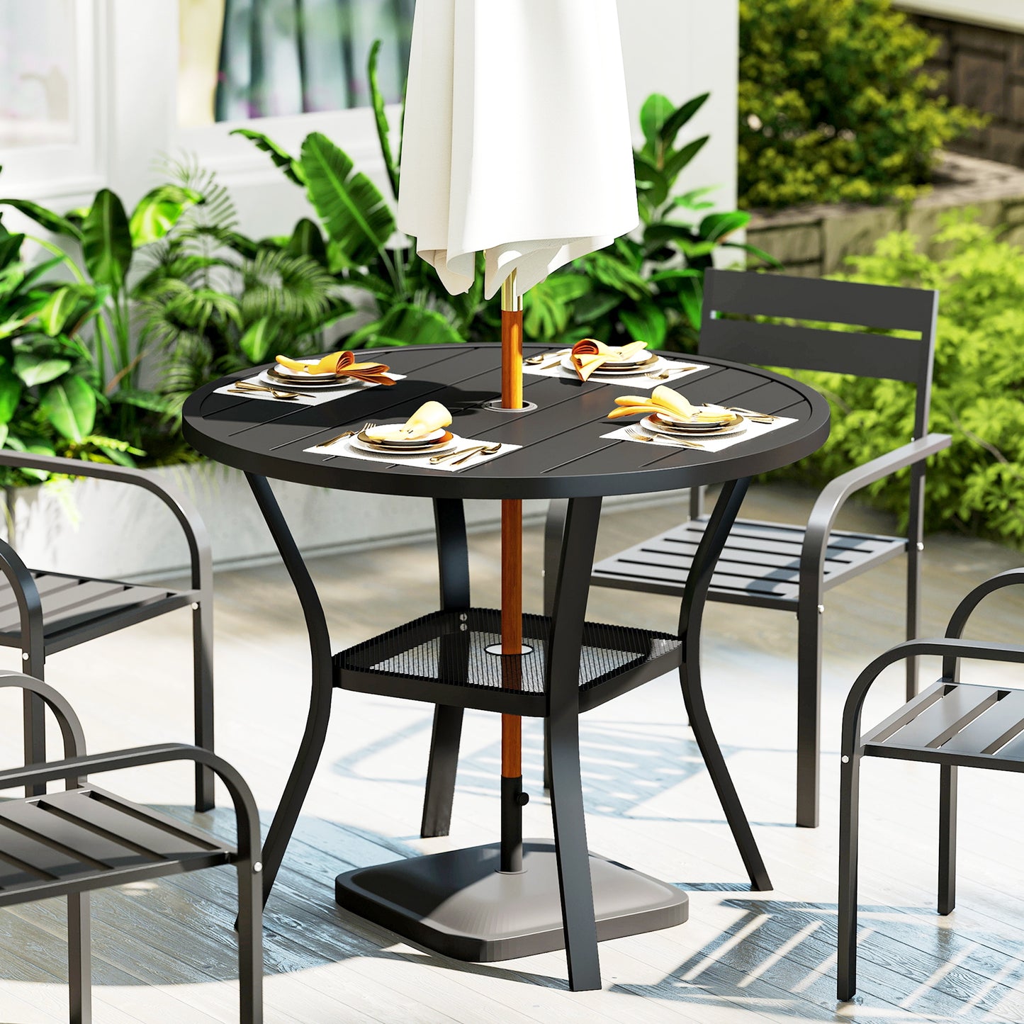 90 cm Garden Dining Table with 4-5 cm Parasol Hole, Round Outdoor Dining Table, Steel Garden Table