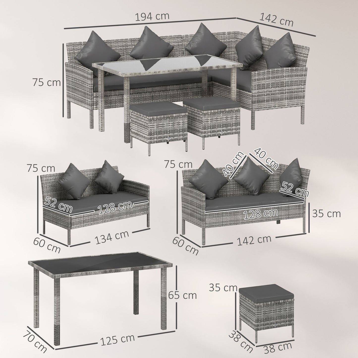 tsunny 6-Seater Rattan Dining Set Sofa Table Footstool Outdoor w/ Cushion Garden Furniture, Dark Grey