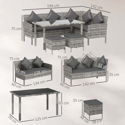 tsunny 6-Seater Rattan Dining Set Sofa Table Footstool Outdoor w/ Cushion Garden Furniture, Dark Grey
