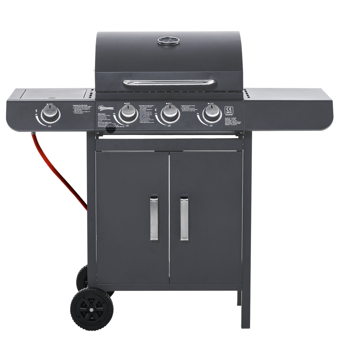 3+1 Burner Gas BBQ Grill, Outdoor Barbecue Trolley with Wheels, Warming Rack, Side Shelves, Cabinet, Thermometer for Garden