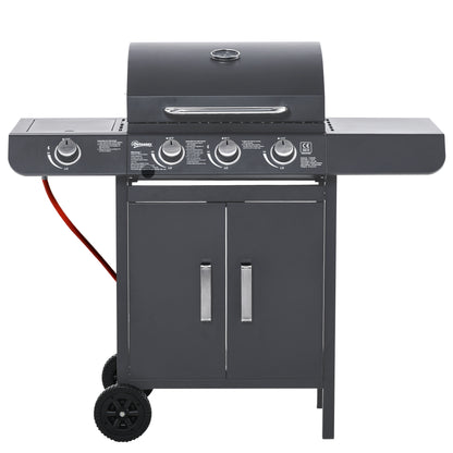 3+1 Burner Gas BBQ Grill, Outdoor Barbecue Trolley with Wheels, Warming Rack, Side Shelves, Cabinet, Thermometer for Garden