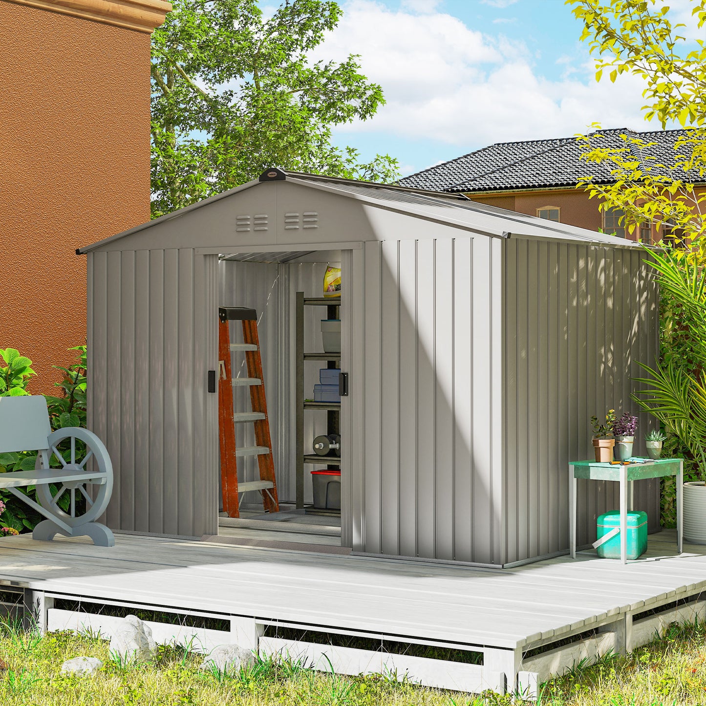 Garden Storage Shed, Metal Outdoor Storage Shed House with Foundation Kit, Ventilation, Doors, 9 x 6FT, Grey