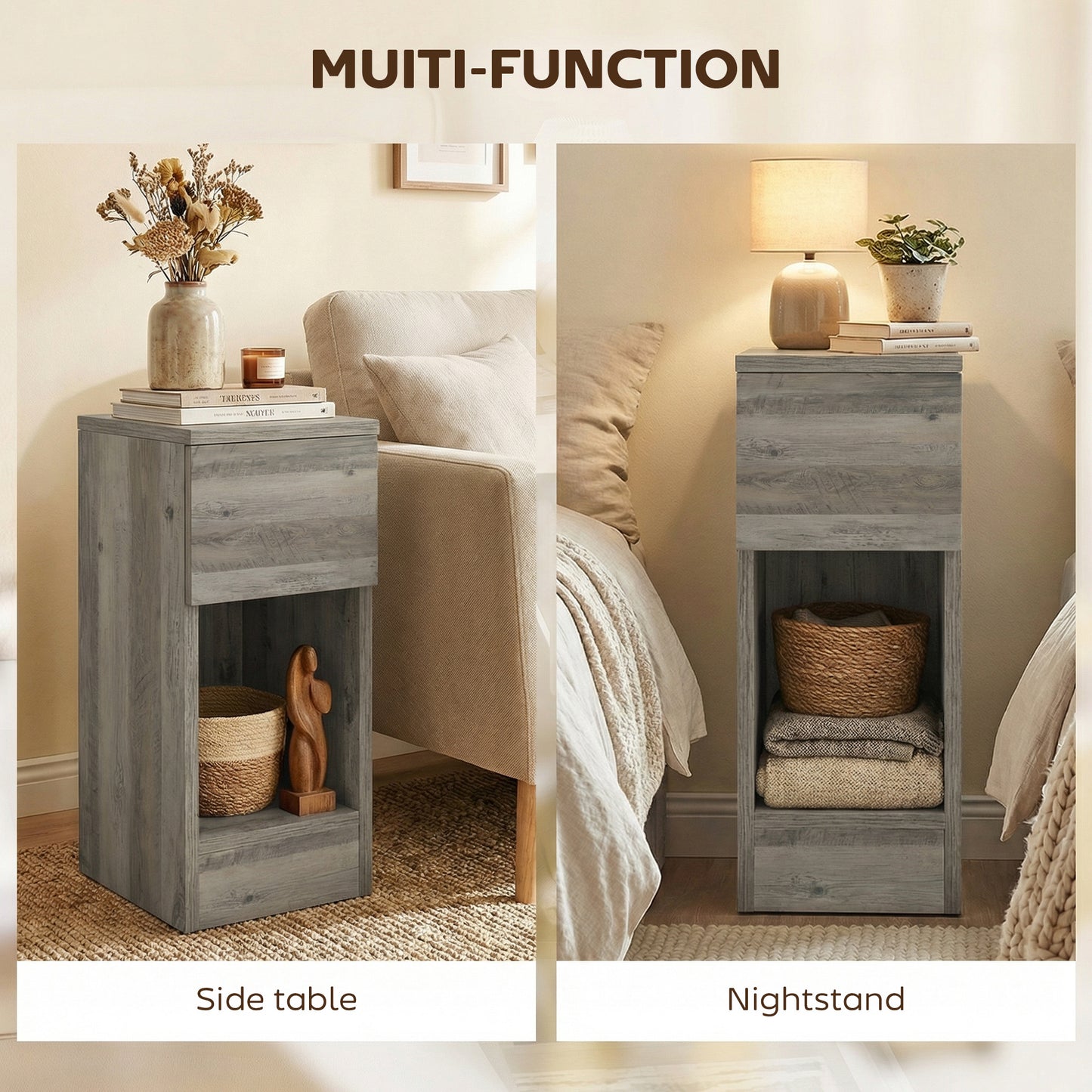 Set of Two Modern Storage Bedside Tables - Grey