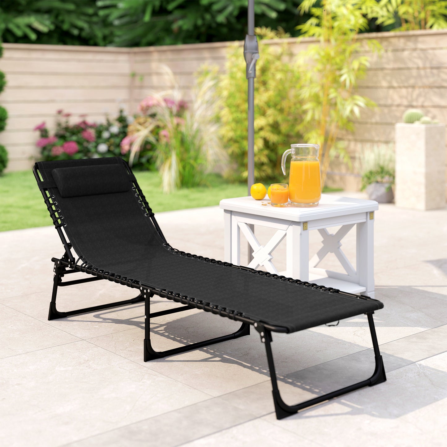 Foldable Sun Lounger, Outdoor 4 Level Adjustable Backrest Reclining Chaise Chair, Steel Frame Recliner Chair for Camping