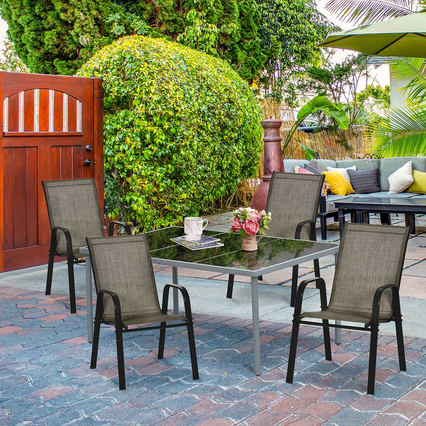 Set of Four Stackable Mesh Seat Chairs - Mixed Brown