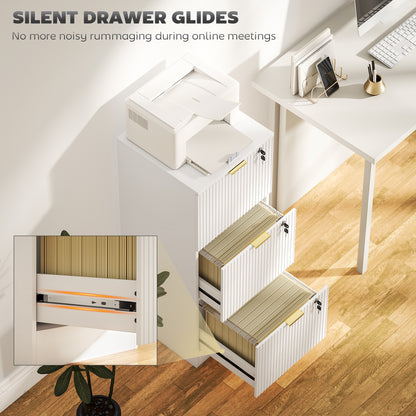 Filing Cabinet, Fluted Vertical File Cabinet with 3 Lockable Drawers and Hanging Rails, White