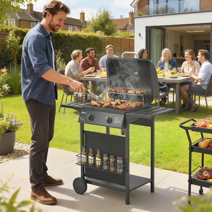 Gas Burner Barbecue Grill, 2 Burner Gas Grill with Side Tables, Warming Rack, Shelf, Thermometer, Grease Tray, Black