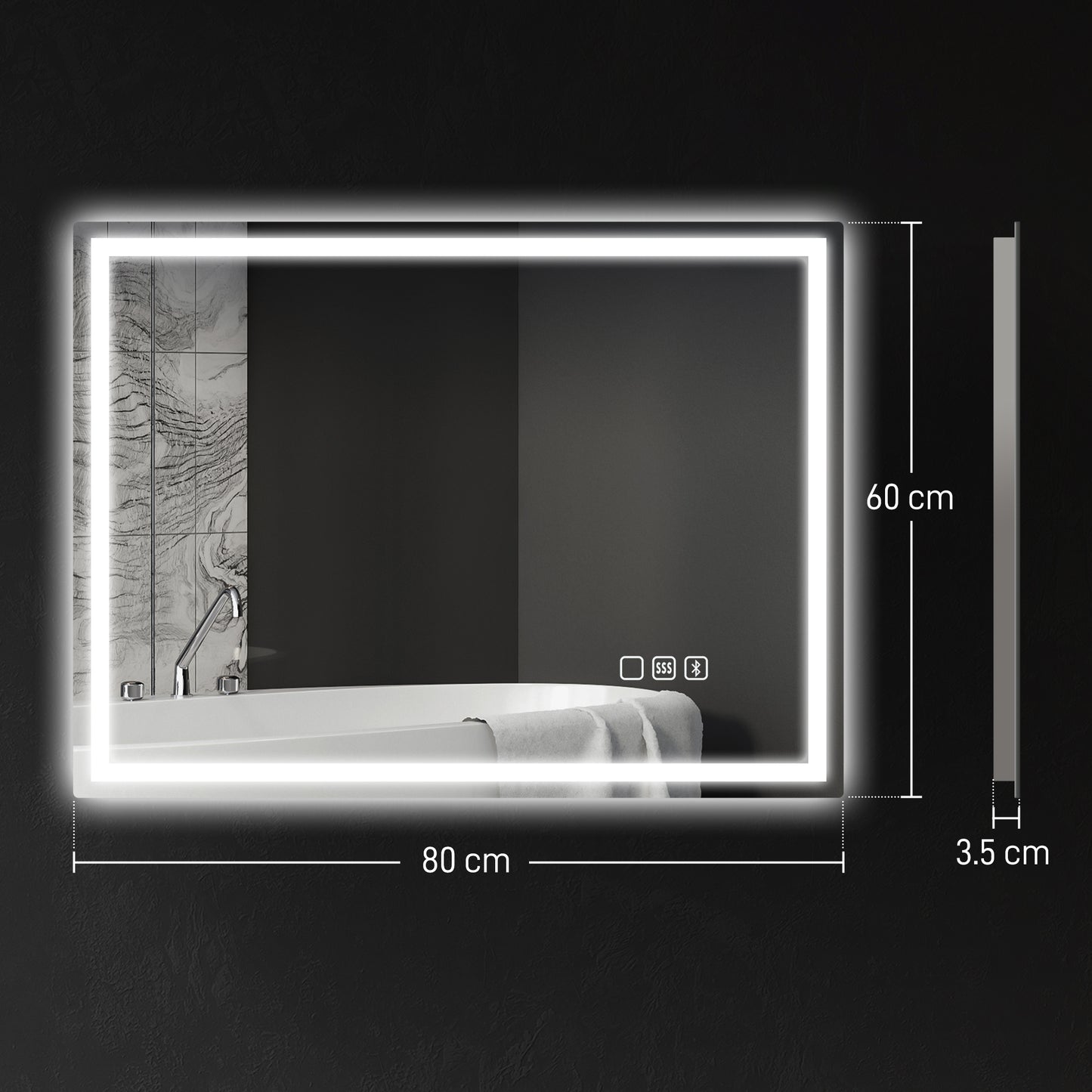60 x 80 cm Anti-Fog LED Bathroom Mirror, with Bluetooth - Silver Tone