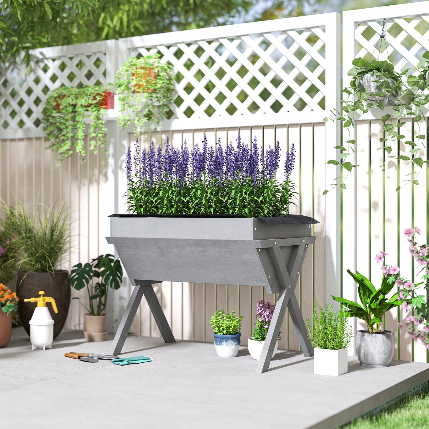Wooden Raised Garden Bed with Bed Liner, Elevated Planter Box with Legs, Light Grey