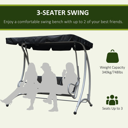 Three Person Steel Outdoor Porch Swing Chair Bench with Canopy Cover - Black