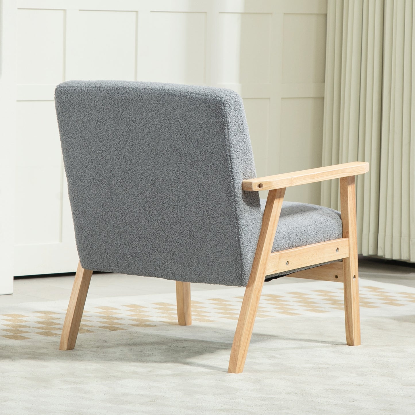 Modern Armchair, Sherpa Fleece Upholstered Accent Chair with Solid Wood Legs and Wide Seat