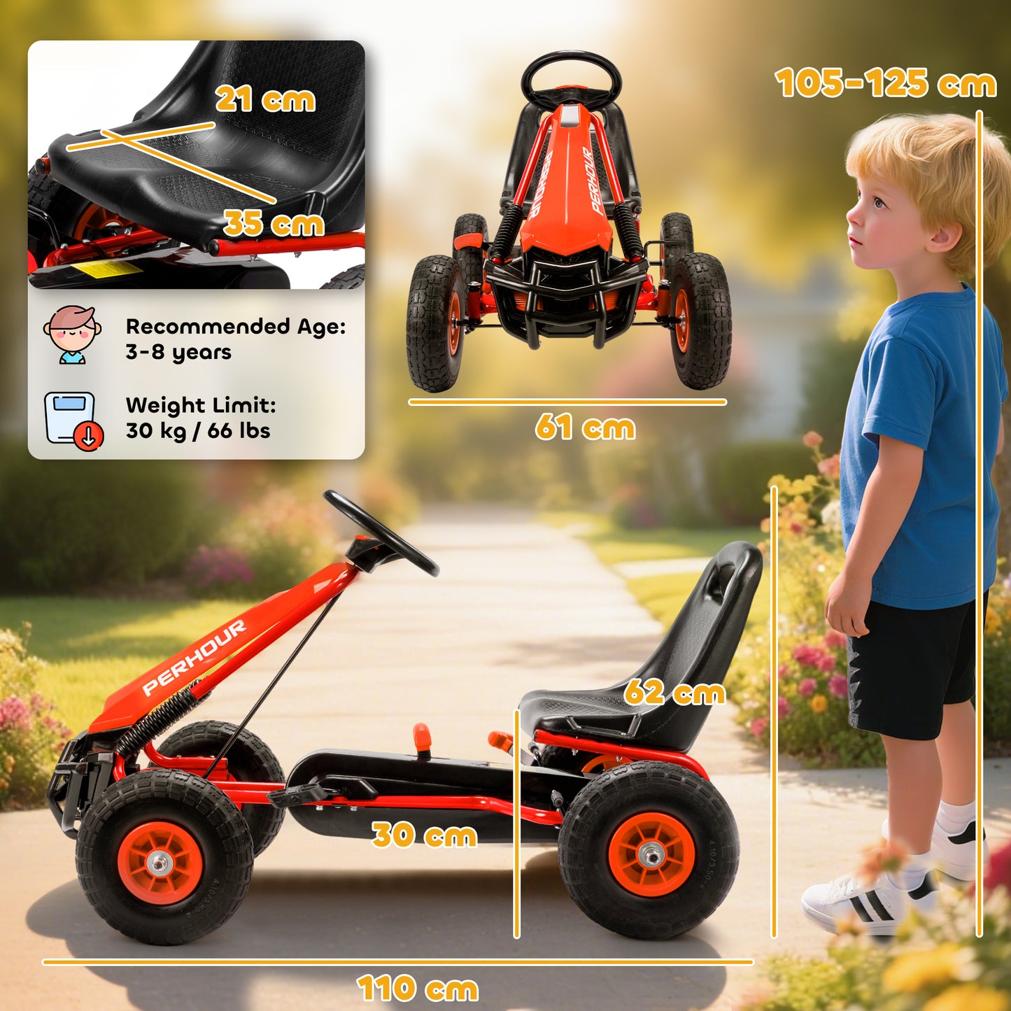 Kids Pedal Go Kart with Adjustable Seat, EVA Tyres, Manual Clutch, Brake, Go Kart for Kids 3-8 Years, Red