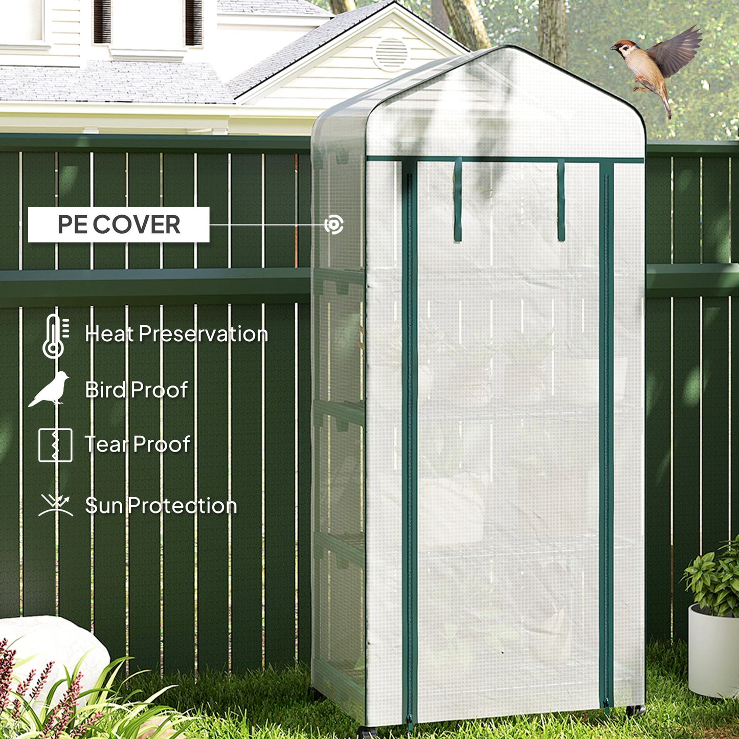 4 Tier Mini Portable Greenhouse Compact Plant Grow Shed Metal Frame PE Cover with Lockable Rolling Wheels, White