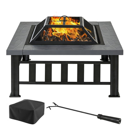 Metal Large Firepit Outdoor Square Fire Pit Brazier with Rain Cover, Lid, Log Grate, Poker for Backyard, Camping, BBQ